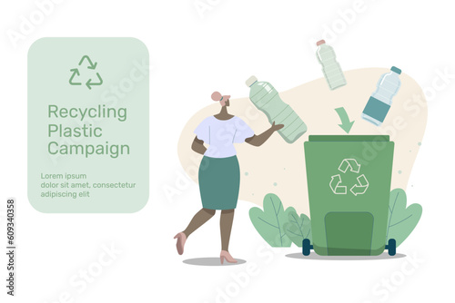 Eco friendly sustainable, Recycling plastic campaign, Characters throw plastic bottles into the recycling bin, recycle, reduce, reuse, Vector design illustration.