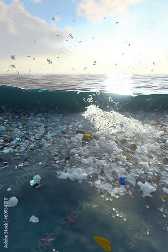 The ocean full of plastic pollution, micro plastics and fish photo