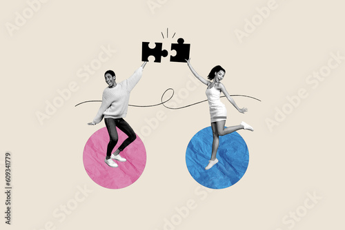 Composite collage image of two positive black white colors people hold connect puzzle pieces isolated on drawing background