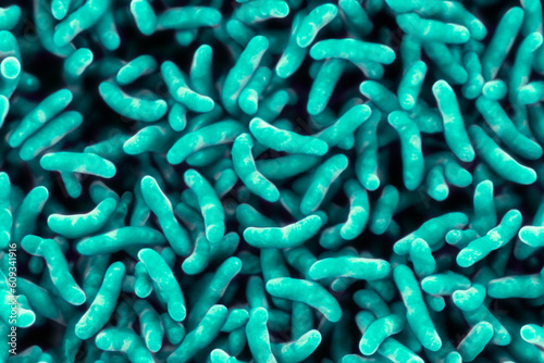 Bacteria. Close up of 3d microscopic bacteria. Bacteria Colony. Bacterium. Prokaryotic microorganisms. 3d illustration. Banner. Scarlet fever. Tuberculosis. Whooping cough. photo