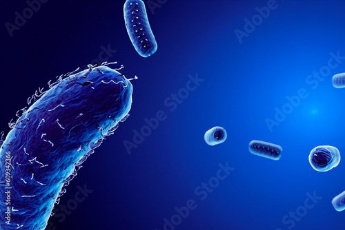 Bacteria. Close up of 3d microscopic bacteria. Bacteria Colony. Bacterium. Prokaryotic microorganisms. 3d illustration. Banner. Genetic mutation in bacteria can lead to antibiotic resistance. Botulism photo