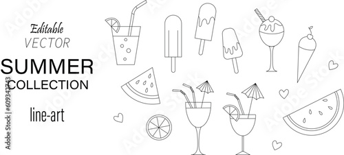 Set of cute summer icons. Hand drawn vector illustration. Ice cream, lime, drinks, food, eskimo, cocktail. Summer collection.