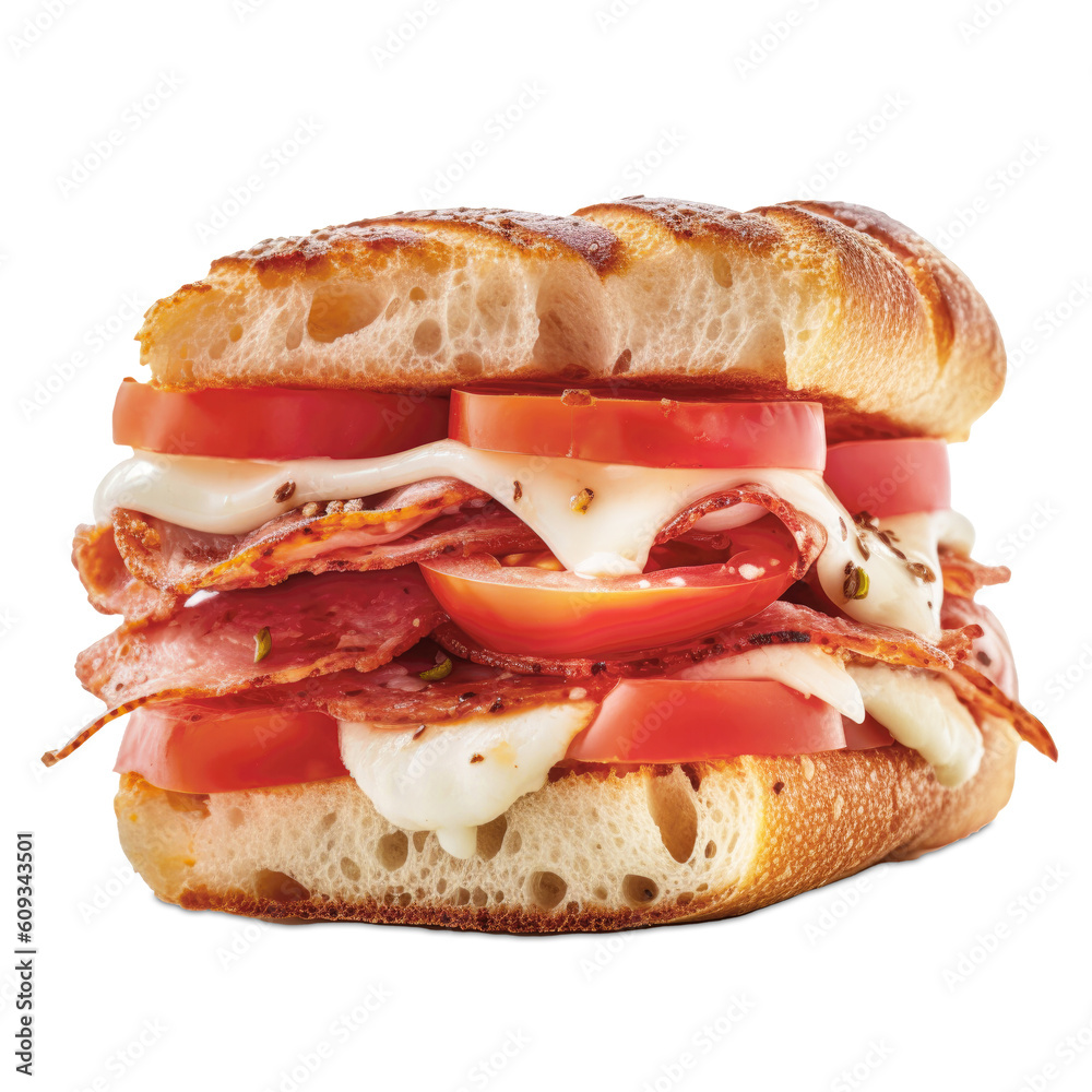 Foccaia Sandwich gefüllt mit Salami, Tomate und Mozzarella, isoliert. Generative AI Foccaia Sandwich gefüllt mit Salami, Tomate und Mozzarella, isoliert. Generative AI