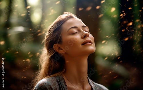 Relaxed young woman breathing fresh air in the mountain. Generative AI.