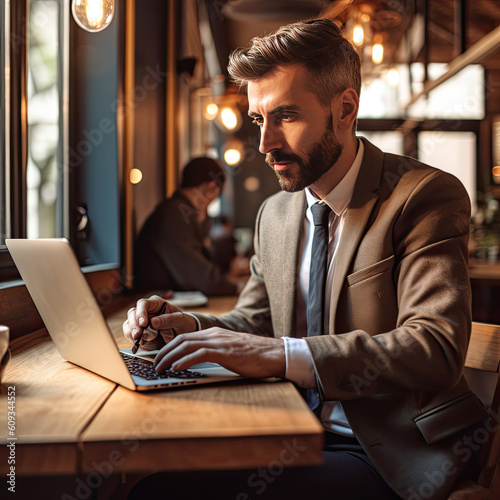 Businessman working on a laptop in a warm atmosphere. Generative art