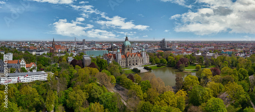 Aerial view showing historic townhall of Hanover City, Germany
