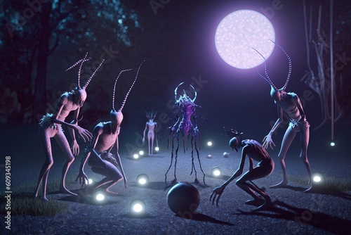 Quirky elf-like creatures performing a ritual under a full moon, fantasy photo