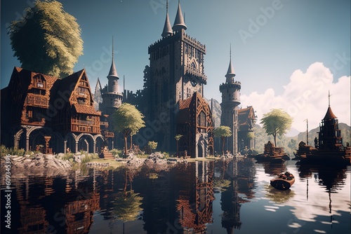 Fotografering A beautiful fantasy medieval city by a lake docks ships, towers