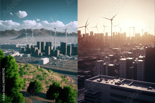 A side by side comparison of green energy used in cities, wind and solar energy, clean environment, city of the future, pollution photo