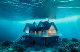 House under water. Residential building at bottom of ocean, sea. Generative AI.