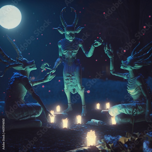 Quirky elf-like creatures performing a ritual under a full moon, fantasy photo