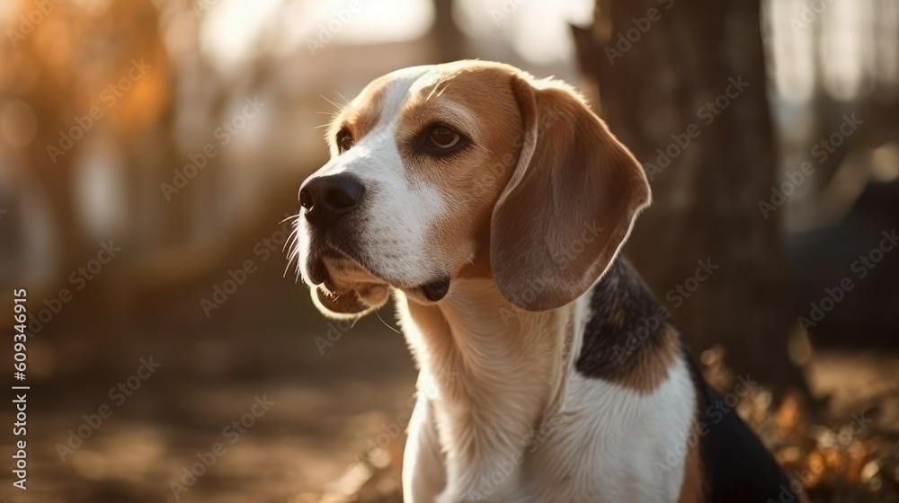 Close up portrait of a beagle dog sitting in the park