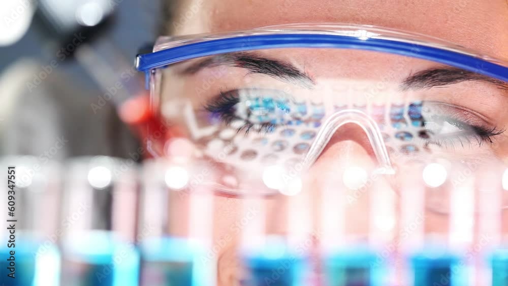 Test tube, scientist and woman with pipette for research experiment. Science, doctor and person with dropper for chemistry, studying and medical examination of chemical or medicine in laboratory.