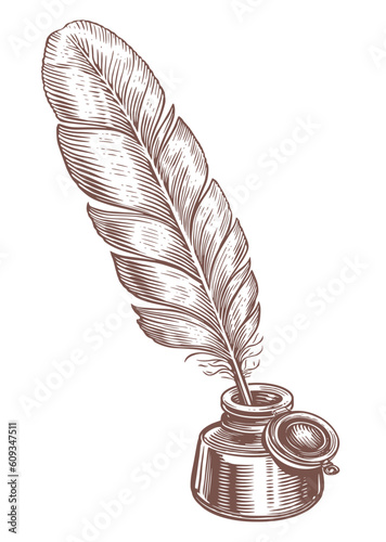 Feather with ink. Inkwell and quill dip pen in vintage engraving style. Hand drawn sketch vector illustration