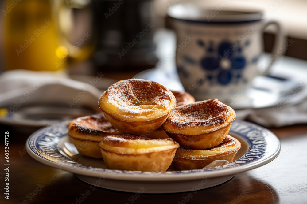 A plate of traditional Portuguese pastéis de nata, warm and flaky custard tarts sprinkled with powdered sugar, served on a ceramic plate. (Generative AI)