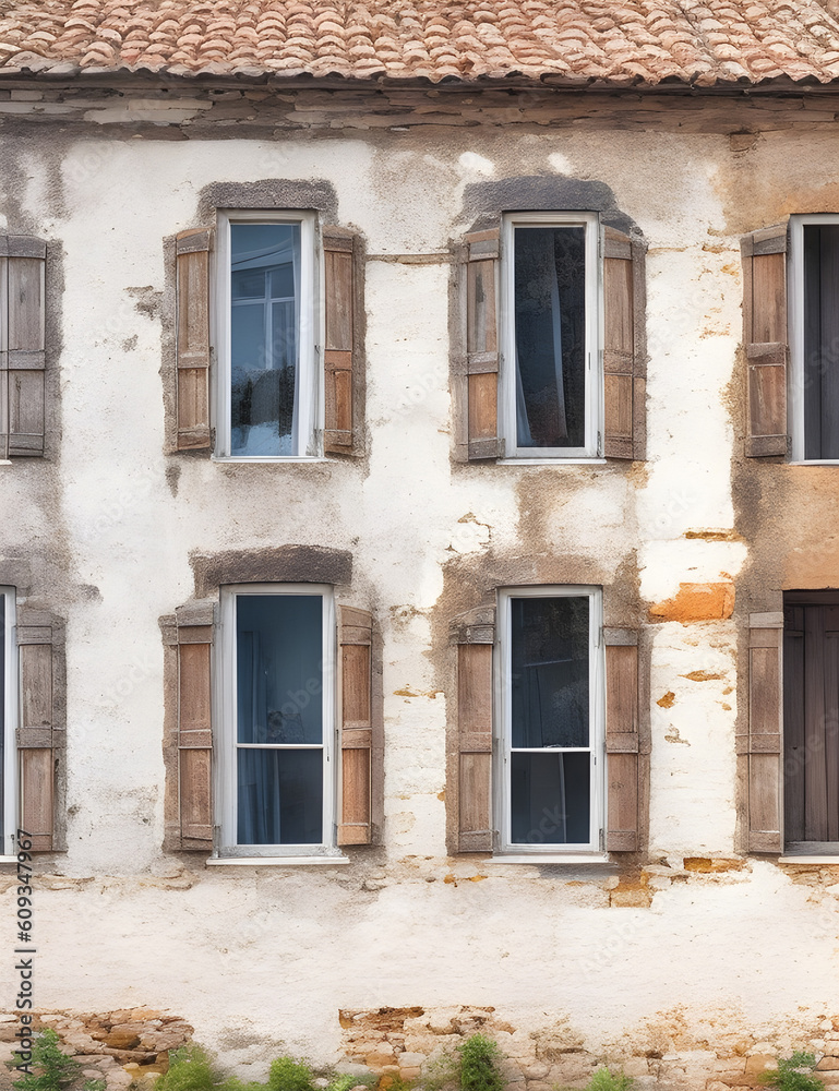Generative AI KI alte Fassade mit Fenstern eins alten verlassenen Hauses