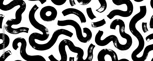 Squiggles with circles seamless pattern. Brush drawn bold curved lines, waves and swirls. Abstract geometric background with organic bold lines. Creative childish scribble backdrop, doodles.