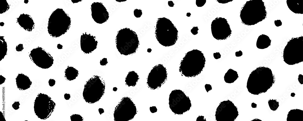 Grunge spots hand drawn vector seamless pattern. Blobs and blotches horizontal banner. Irregular organic dots and blots ornament. Cheetah spots black print. Seamless pattern with scattered round dots. Grunge spots hand drawn vector seamless pattern. Blobs and blotches horizontal banner. Irregular organic dots and blots ornament. Cheetah spots black print. Seamless pattern with scattered round dots.