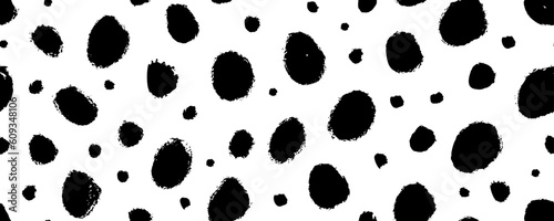 Grunge spots hand drawn vector seamless pattern. Blobs and blotches horizontal banner. Irregular organic dots and blots ornament. Cheetah spots black print. Seamless pattern with scattered round dots.