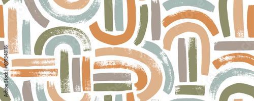 Aesthetic seamless pattern with neutral color arches. Brush drawn bold arches and curved lines. Rainbow motif pattern, boho style background. Geometric shapes vector seamless background.