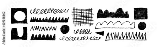 Collection childish geometric shapes and scribbles. Pencil or charcoal drawing. Vector hand drawn doodle objects. Charcoal childish shapes and scribbles, scratches. Abstract geometric banner.