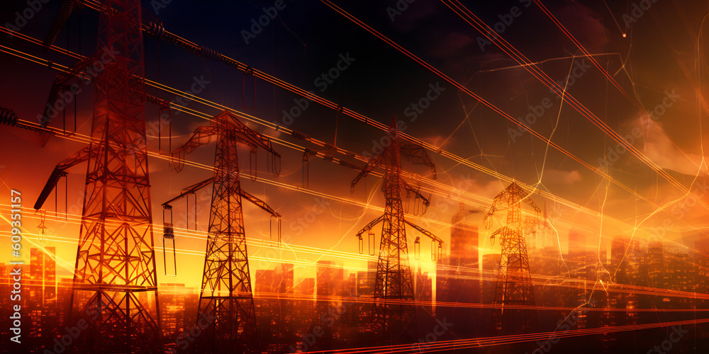 Electrical transmission line on sunset background.