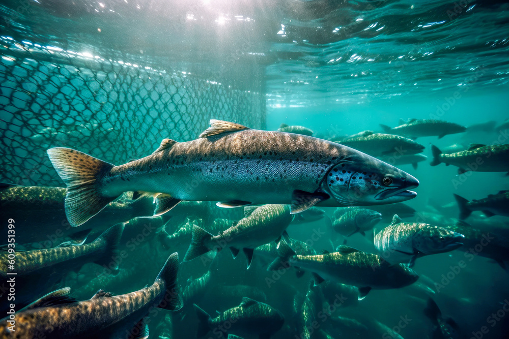 Salmon school within an opensea fish pen of an aquaculture farm
