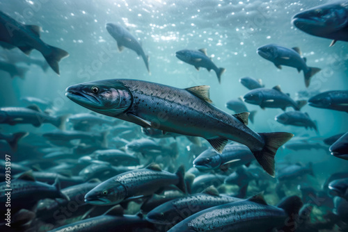 Salmon in their natural habitat within an open-sea fish pen of an aquaculture farm. Generative AI.