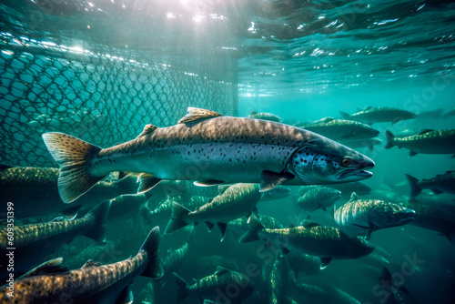 Salmon school within an open-sea fish pen of an aquaculture farm. Sustainable fish farming. Generative AI.