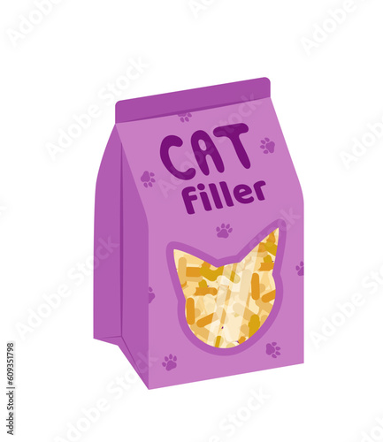 Filler for cat toilet. Filler for litter box. Packet. Cartoon, flat