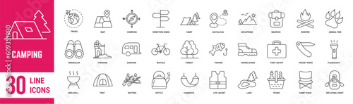 Camping thin line icons set. Camping, forest, caravan, hiking, mountains, tent, bonfire, backpack, map, hammock, grill cooking. Vector illustration.