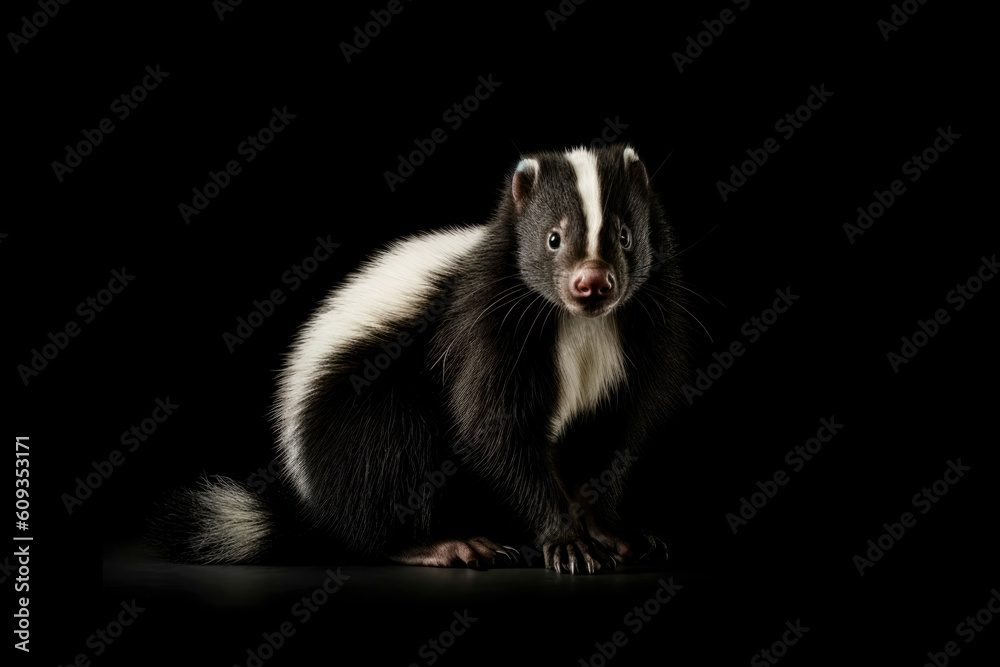 Skunk on dark background. Skunk's unique markings, distinctive scent, and nocturnal habits. Generative AI.