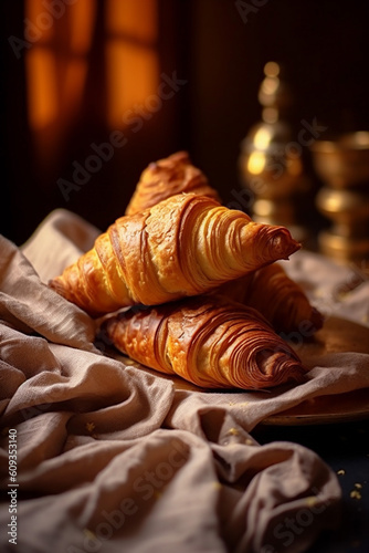 bakery tasty drink bokeh background morning croissant cup table breakfast background food. Generative AI.