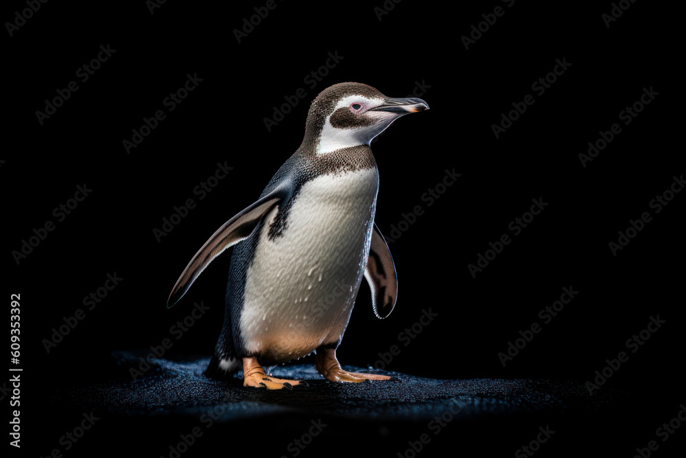 Naklejka premium Penguin standing tall against a black background. Elegant posture and charming demeanor. Generative AI.
