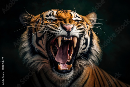 Roaring tiger, the king of the jungle as it unleashes its mighty roar, a symbol of its dominance and strength. Generative AI