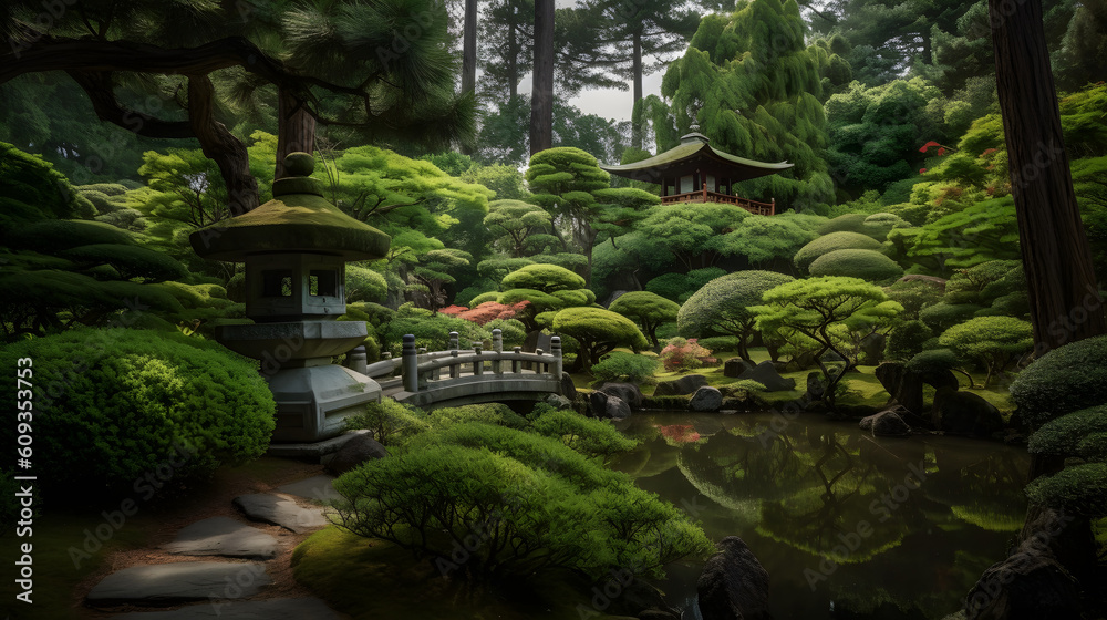 Obraz premium 夏の日本庭園の幻想的な美しさ No.008 | The Melody of a Deep Green Garden Generative AI