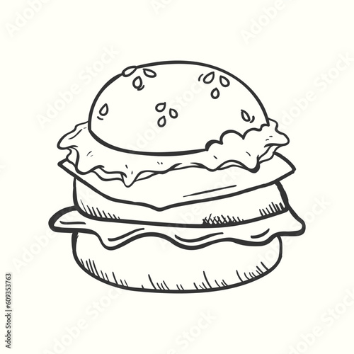 hand drawn burger illustration in retro vintage style.