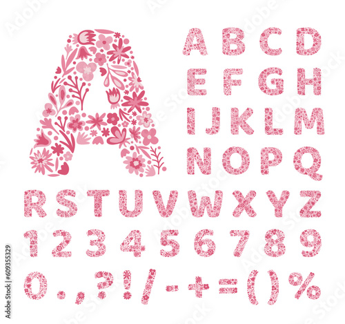Floral alphabet. Letters of pink flowers. Floral font. Doodle. Vector