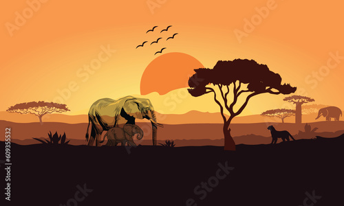 World Animal Day illustration. Africa Safari Savanna landscape illustration with animals  Elephant and her child walking in forest 
