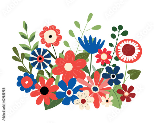 Patriotic holiday floral bouquet. Vector illustration. Isolated on white background. 4th of July themed design holiday card.