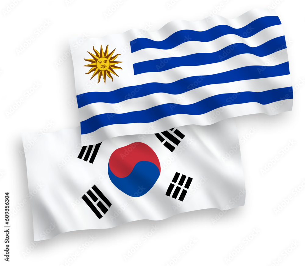 Flags of South Korea and Oriental Republic of Uruguay on a white background