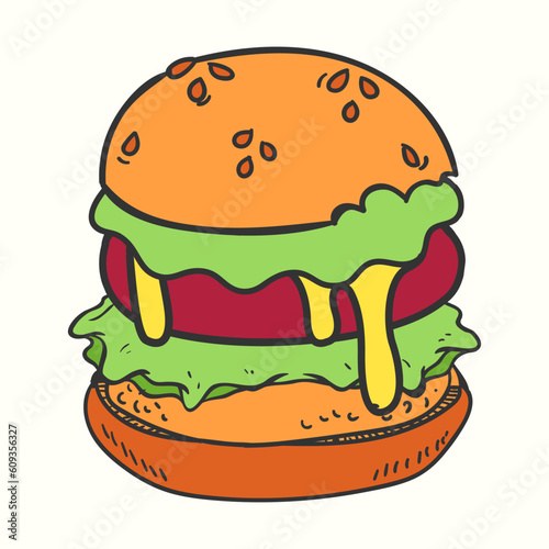 A big hand-drawn burger vector illustrtion with meat, salad and melted cheese