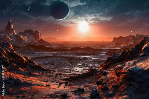 Surface of a distant exoplanet rich in rare earth elements. Wonders of space exploration and the potential for resource mining in uncharted territories. Generative AI.