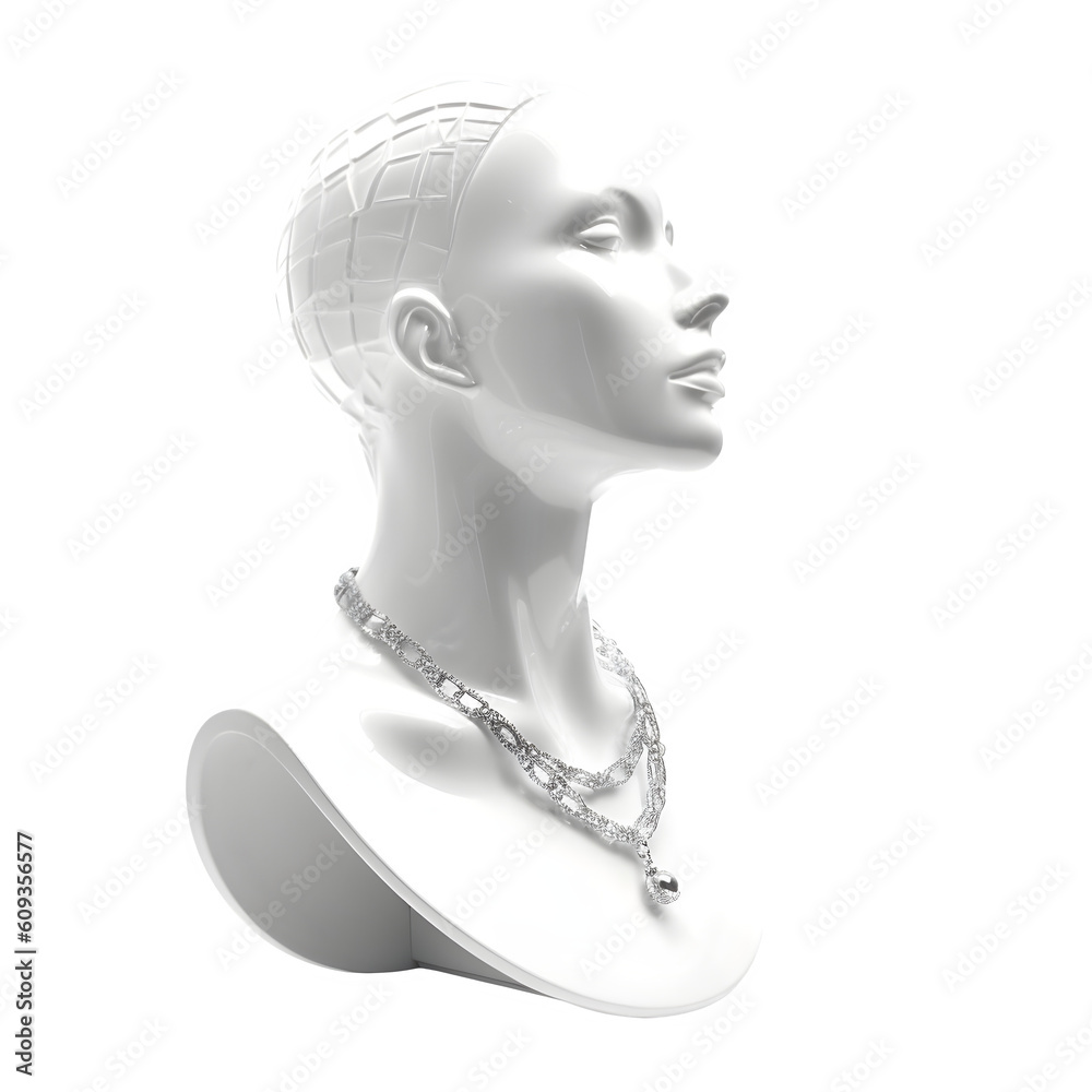 White Mannequin head and shoulders with necklace png file. Transparent Background with