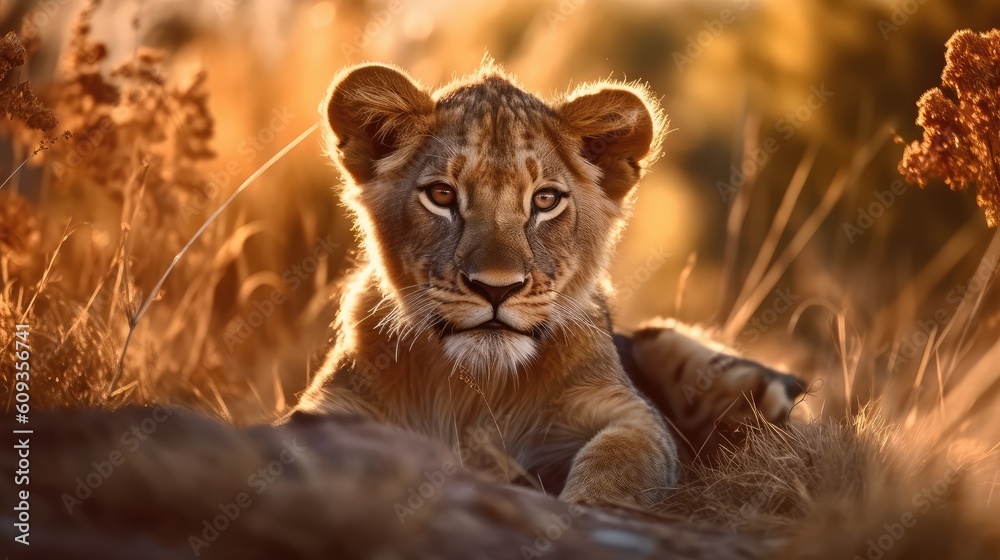 Naklejka premium Cute little baby lion in savannah