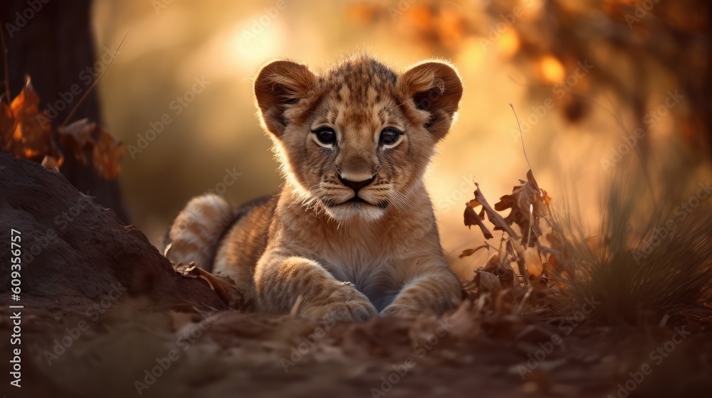 Cute little baby lion in savannah Cute little baby lion in savannah