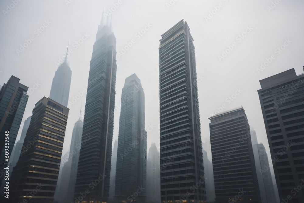 Modern city skyscrapers and fog