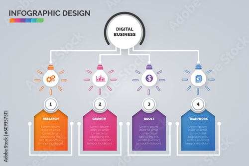 Light bulb infographic visualization template and business icons vector. Business concept with 4 options, steps, process for presentation, layout, diagram chart, anual report