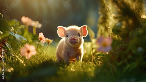 Canvas Print Cute little piglet on the meadow. Generative AI.