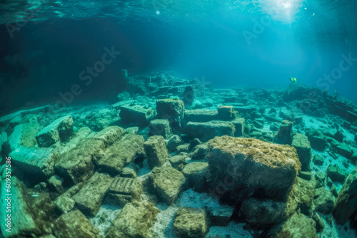 Remains of an ancient human settlement hidden beneath the depths of the sea, studied by the scientific discipline of underwater archaeology. Generative AI